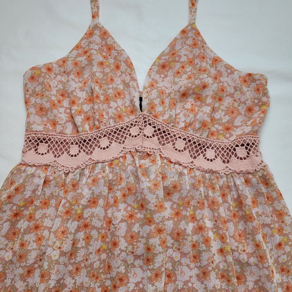 Almost Famous Floral Mini Dress Crochet Waist Ruffle Hem Sun Dress Boho Large - Picture 3 of 11